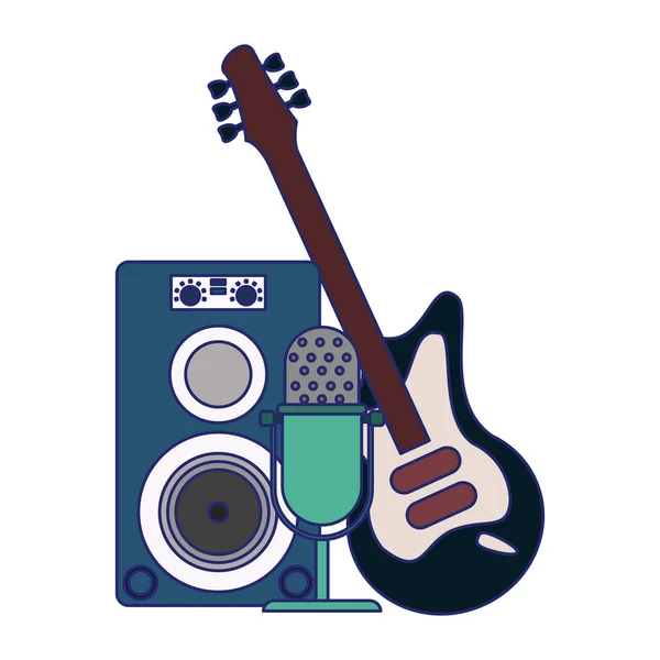 Haut-parleur musical avec microphone et guitare électrique lignes bleues — Image vectorielle