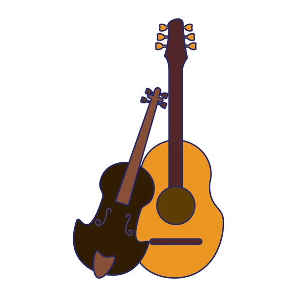 Musikinstrumente Akustikgitarre und Geige blaue Linien — Stockvektor