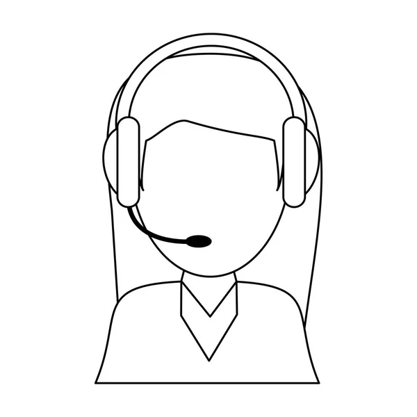 Agente del centro de llamadas con auriculares en blanco y negro — Vector de stock