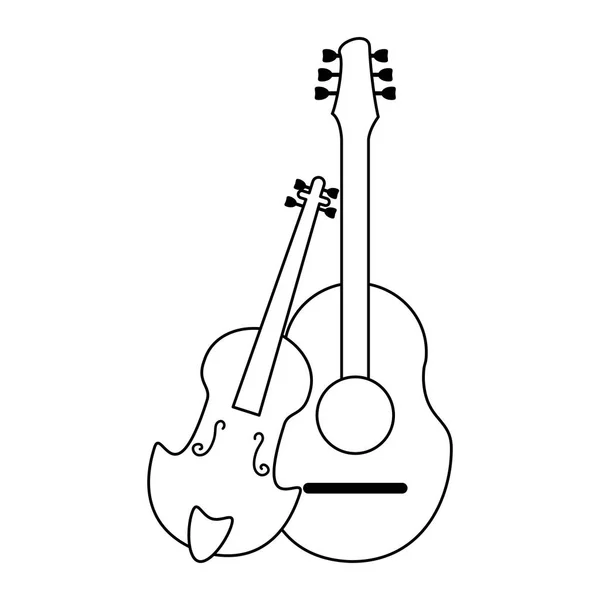 Музичні інструменти акустична гітара та скрипка в чорно-білому — стоковий вектор