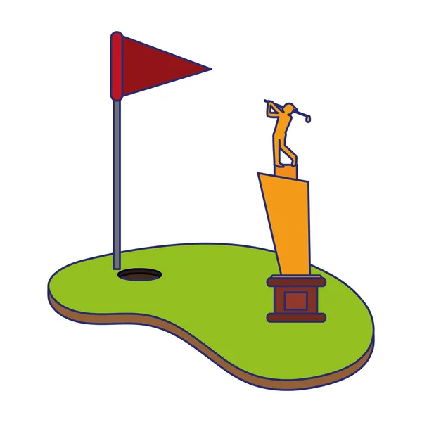 Campamento de golf con bandera y copa líneas azules — Vector de stock