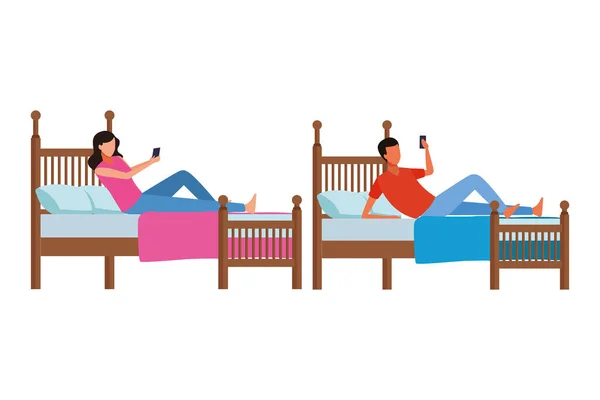 Habitación con cama doble y personas sin rostro — Vector de stock