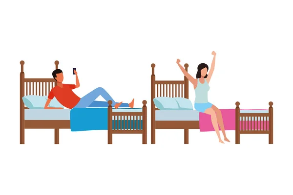 Habitación con cama doble y personas sin rostro — Vector de stock