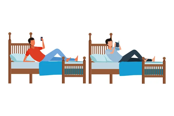 Habitación con cama doble y personas sin rostro — Vector de stock