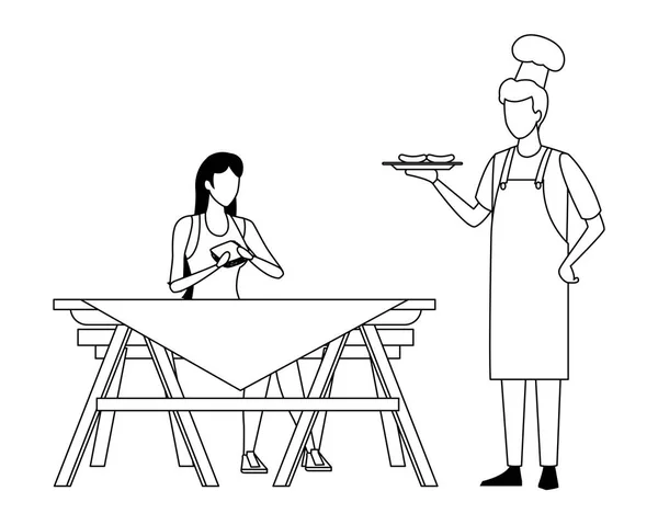 Kobieta bez twarzy grill jedzenie kucharz w czerni i bieli — Wektor stockowy