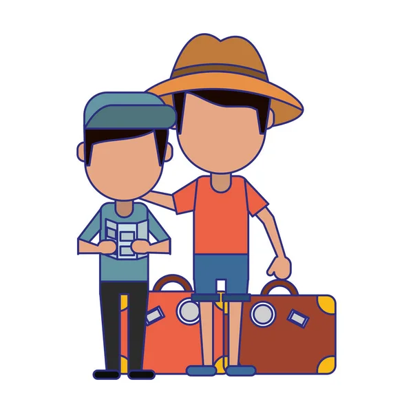 Turismo familia dibujos animados líneas azules — Vector de stock