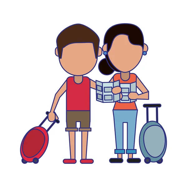 Pareja de turistas avatar dibujos animados líneas azules — Vector de stock