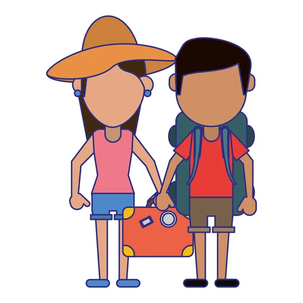 Pareja de turistas avatar dibujos animados líneas azules — Vector de stock