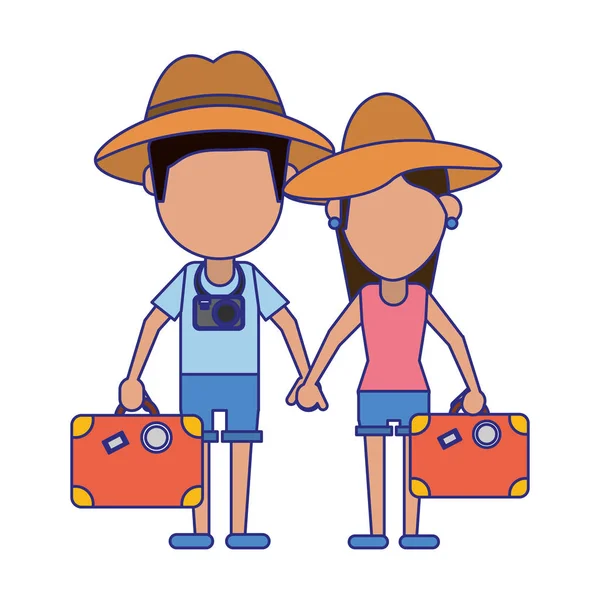 Pareja de turistas avatar dibujos animados líneas azules — Vector de stock