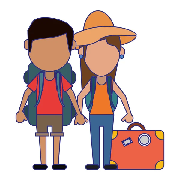 Couple de touristes avatar dessin animé lignes bleues — Image vectorielle