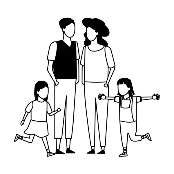 Familie und Kinder Cartoon schwarz-weiß — Stockvektor