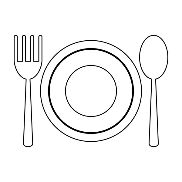 Блюдо с ложкой и вилкой в черно-белом — стоковый вектор