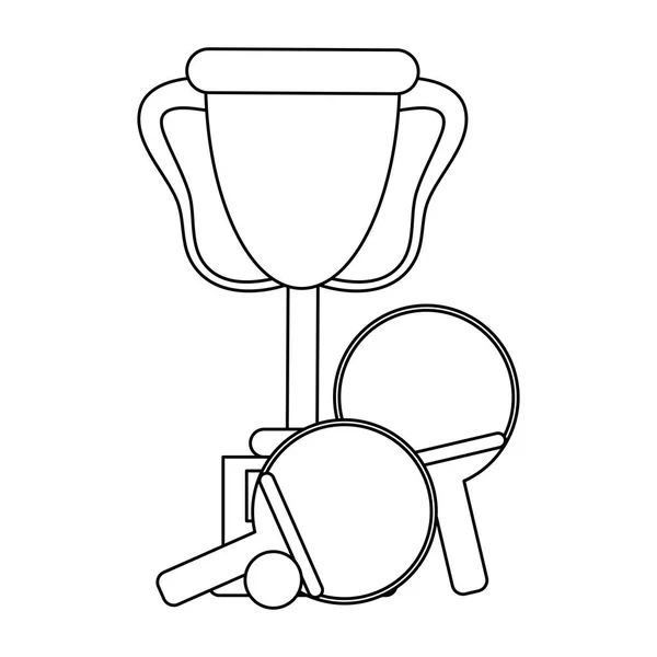 Tischtennisschläger und Ball mit Pokal in schwarz-weiß — Stockvektor