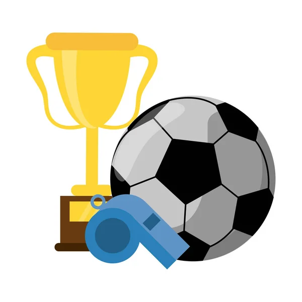 Coppa trofeo di calcio con palla e fischietto — Vettoriale Stock