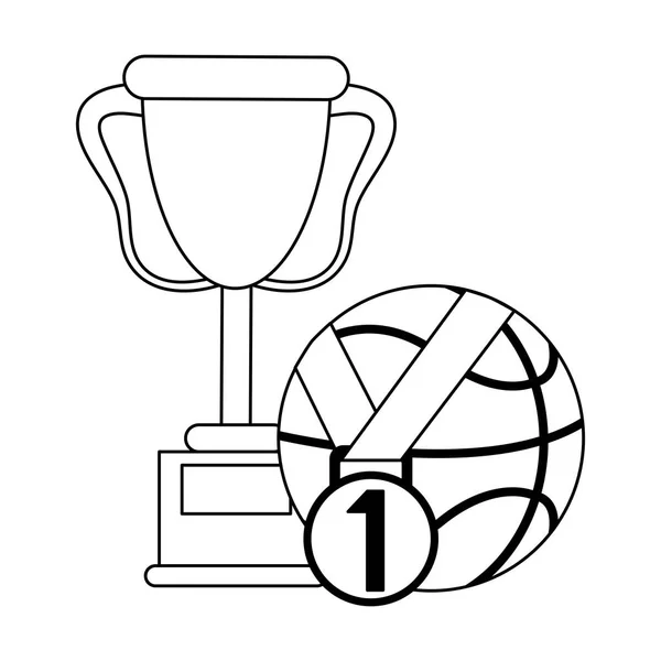 Trofeum koszykówka piłka i medal w czerni i bieli — Wektor stockowy