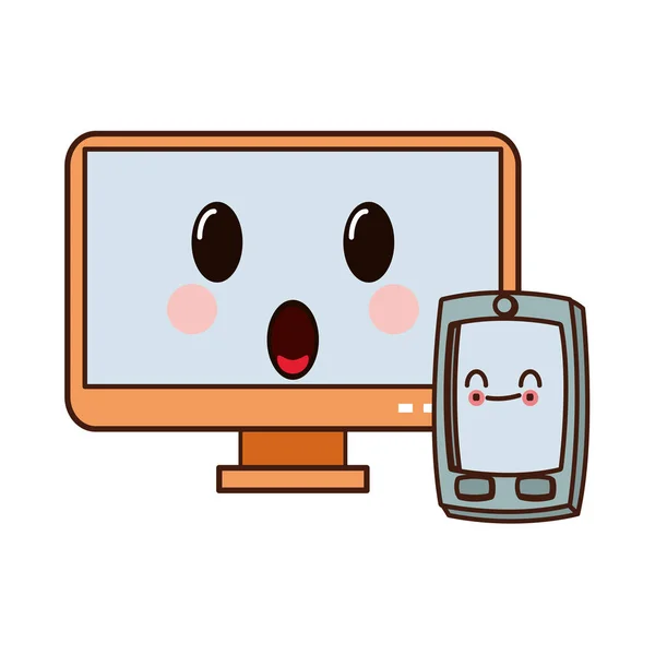 Computer en smartphone kawaii cartoon — Stockvector