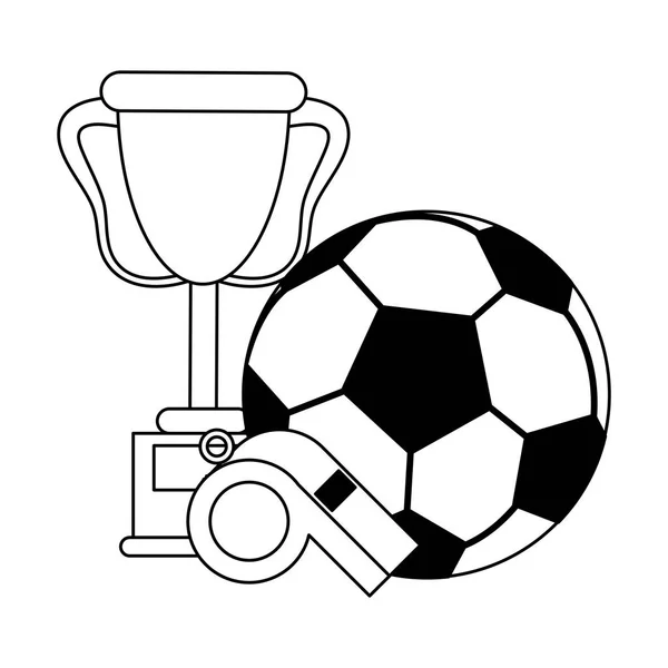 Ποδόσφαιρο Κύπελλο τρόπαιο με μπάλα και σφύριγμα σε μαύρο και άσπρο — Διανυσματικό Αρχείο
