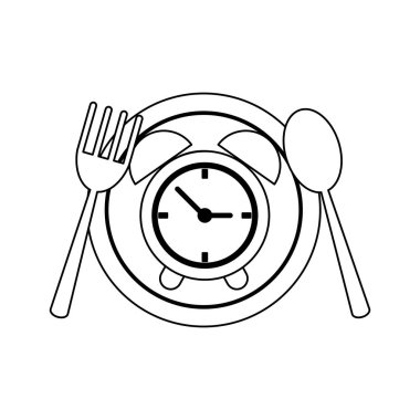 Çatal bıçak takımı ve çalar saat içinde siyah ve beyaz ile restoran yemek