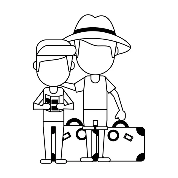 Tourist family cartoon in black and white — Stock Vector