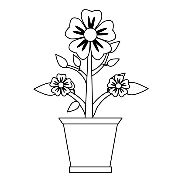 Flower in pot gardening cartoon black and white — Stock Vector