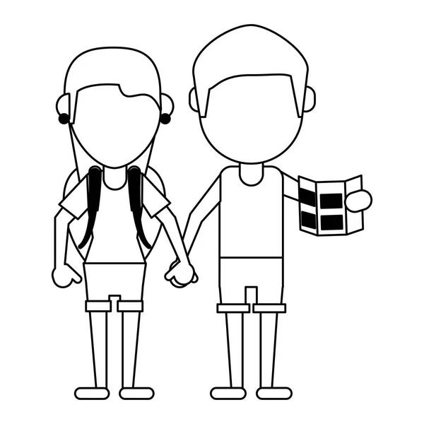 Couple de touristes avatar dessin animé en noir et blanc — Image vectorielle