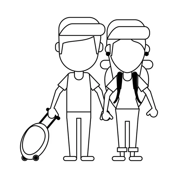 Couple de touristes avatar dessin animé en noir et blanc — Image vectorielle