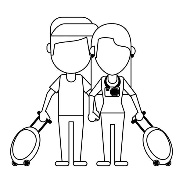 Couple de touristes avatar dessin animé en noir et blanc — Image vectorielle