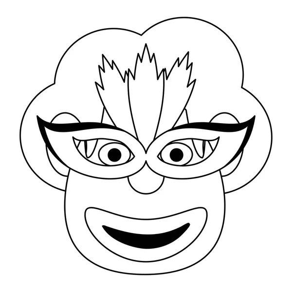 Clown visage avec masque dessin animé en noir et blanc — Image vectorielle