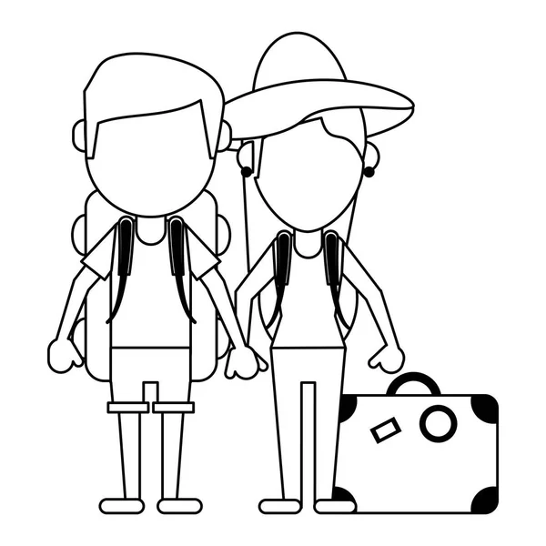 Couple de touristes avatar dessin animé en noir et blanc — Image vectorielle