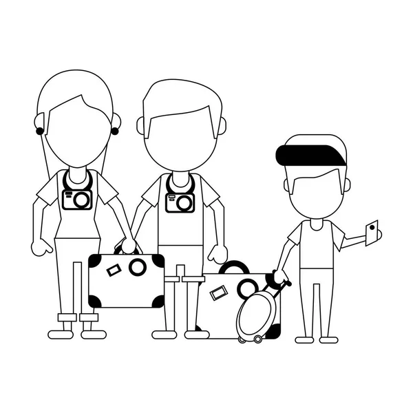 Caricature de famille touristique en noir et blanc — Image vectorielle
