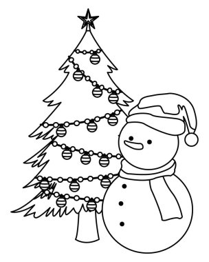 kardan adam ve Noel ağacı siyah ve beyaz