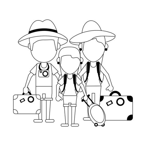 Caricature de famille touristique en noir et blanc — Image vectorielle