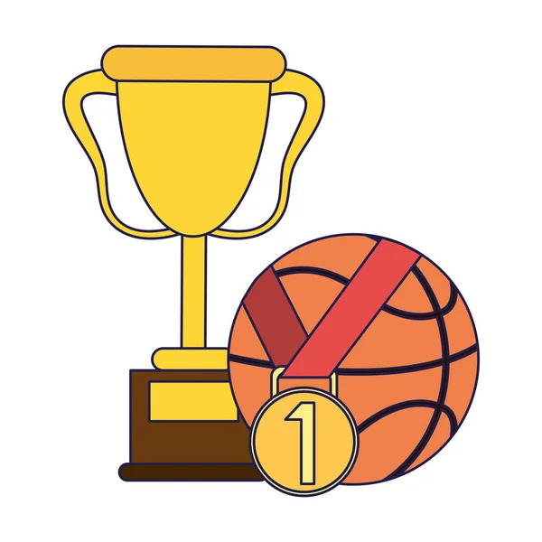 篮球奖杯与球和奖牌蓝线 — 图库矢量图片