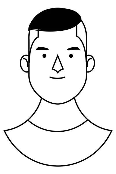 Jeune homme visage dessin animé en noir et blanc — Image vectorielle