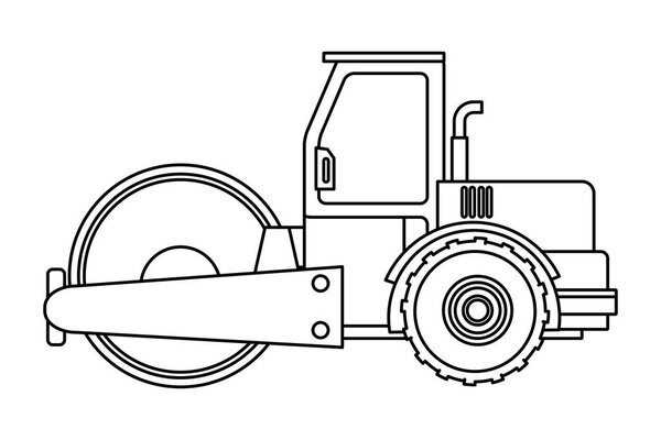 Construction vehicle steamroller in black and white