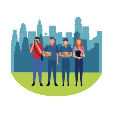 Cityscape sahne üzerinde iş ve meslekler avatarları