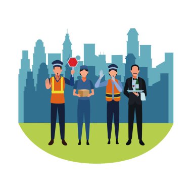 Cityscape sahne üzerinde iş ve meslekler avatarları