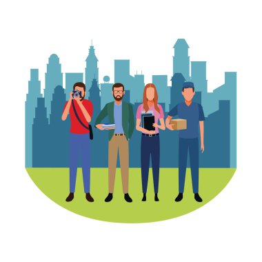 Cityscape sahne üzerinde iş ve meslekler avatarları