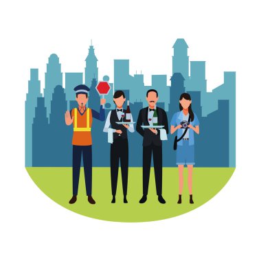Cityscape sahne üzerinde iş ve meslekler avatarları