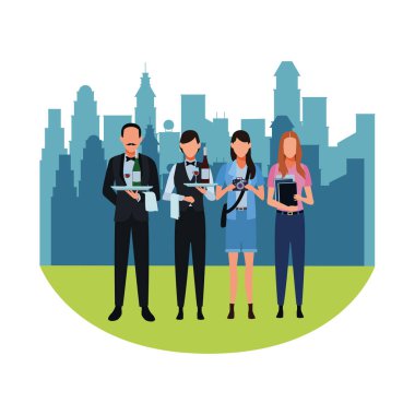 Cityscape sahne üzerinde iş ve meslekler avatarları