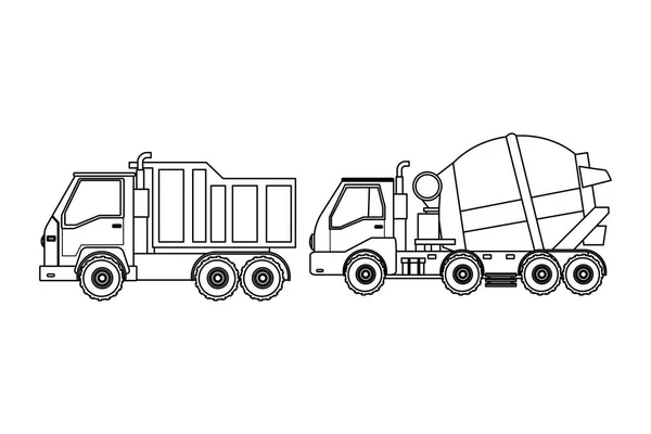 Construction vehicles machinery in black and white — Stock Vector