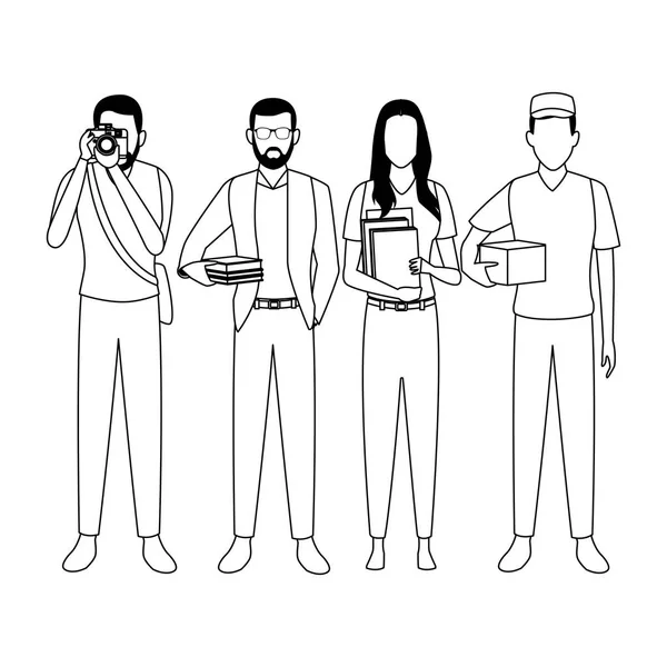 Emplois et professions avatars en noir et blanc — Image vectorielle