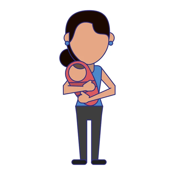 Ensamstående mamma med bebis i armar blå linjer — Stock vektor