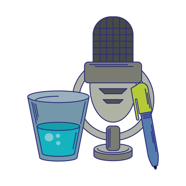 Mikrofon och penna med vattenglas blå linjer — Stock vektor