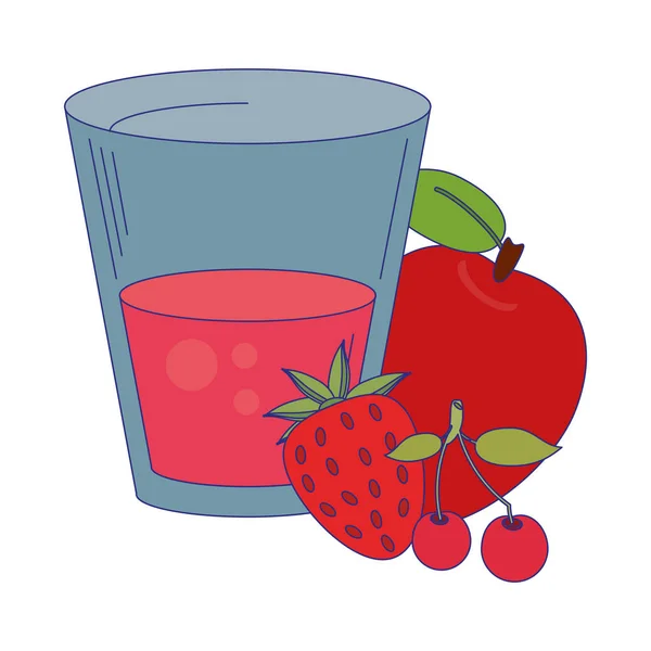 Rote Fruchtsaftbecher mit Erdbeerkirsche und apfelblauen Linien — Stockvektor