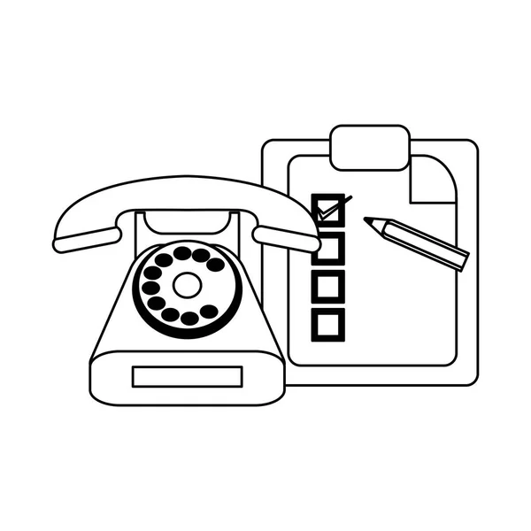 Lista de verificação prancheta e lápis com símbolo de telefone em preto e branco —  Vetores de Stock