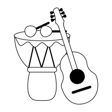 müzik aletleri, akustik gitar ve drum siyah beyaz sopa ile