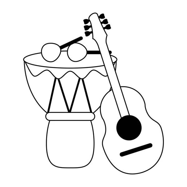 Musikinstrumente Akustikgitarre und Schlagzeug mit Sticks in schwarz und weiß — Stockvektor