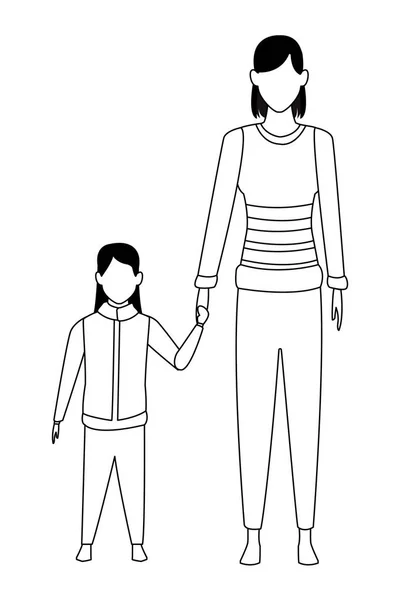Femme tenant la main enfant noir et blanc — Image vectorielle