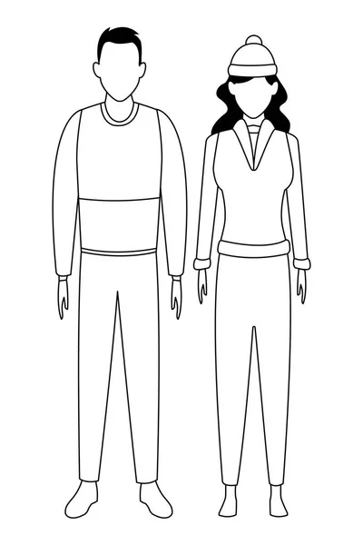 Pareja avatar usando invierno ropa blanco y negro — Vector de stock